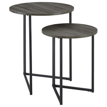 Set of 2 End Table, Nesting Design With Triangular Base & Round Top, Slate Grey