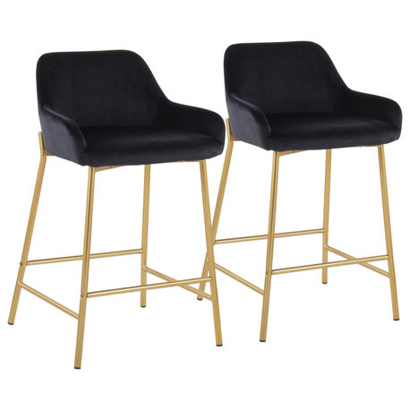 Daniella Fixed-Height Counter Stool, Set of 2, Gold Metal, Black Velvet