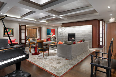 Living room - large modern formal and open concept dark wood floor living room idea in Philadelphia with gray walls and a stone fireplace