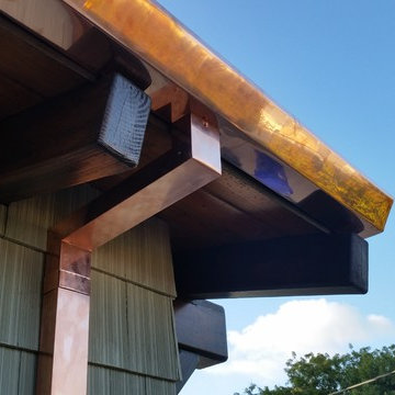 Copper Angle Face Gutter. 5 Inch with 2x3 Smooth Downspouts. Manhattan Beach
