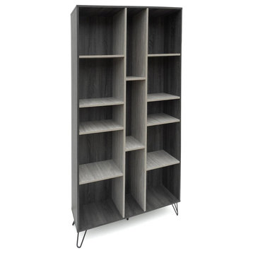 Bookcase, Hairpin Metal Legs With Multiple Open Compartments, Two Tone Finish