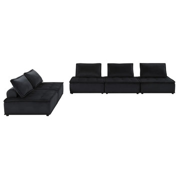 Lilola Home Anna Velvet 5 Piece Sofa and Loveseat with Tufted Seat in Black