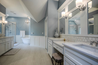 Design ideas for a transitional bathroom in Kansas City with white cabinets, a freestanding tub, a double shower, blue tile, ceramic tile, a drop-in sink, engineered quartz benchtops, beige floor, a hinged shower door and grey benchtops.