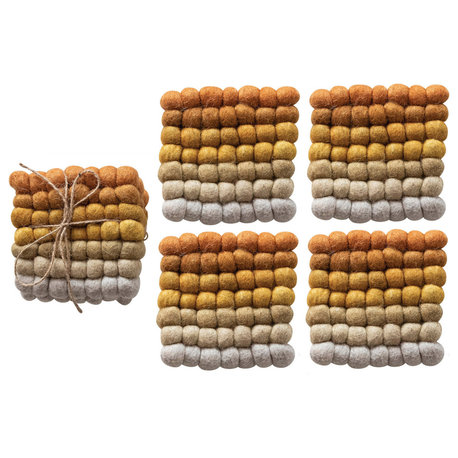 Handmade Wool Felt Ball Coasters, Yellow, Orange and Cream, Set of 4