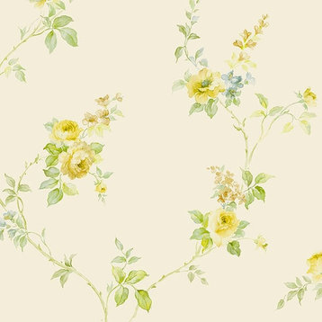 Rose Gardens 2, Romantic Floral Flower Cream, Yellow Wallpaper Roll