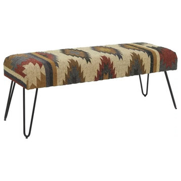 Bohemian Accent Bench, Hairpin Legs With Comfortable Seat, Multi Diamond Tribal
