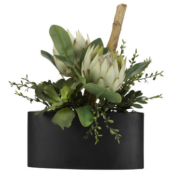 Green King Proteas With Assorted Succulents and Greenery, Oval Metal Planter