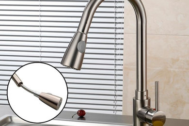 16" Kitchen Sink Faucet Brushed Nickel Pull-Out Spray Swivel