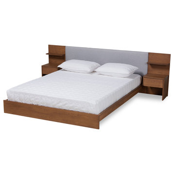 Sami Light Grey Upholster Brown Wood Queen Size Storage Bed Built-In Nightstands