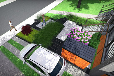 Modelo de jardín contemporáneo de tamaño medio en patio delantero con jardín francés, muro de contención y adoquines de hormigón