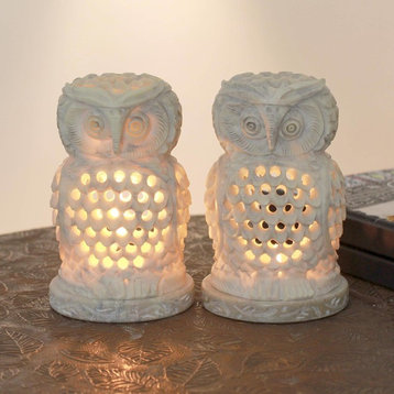 Novica Lucky Owls Soapstone Candleholders, Set of 2