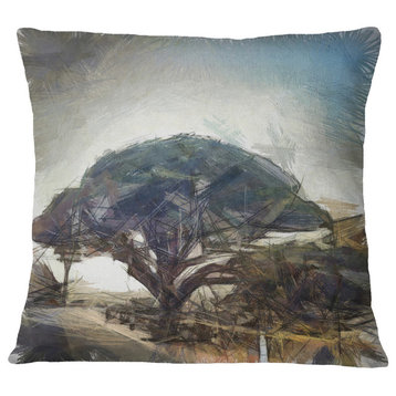 Lonely Oak Tree Watercolor Sketch Landscape Printed Throw Pillow, 18"x18"