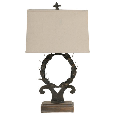 Benzara BM285090 26" Table Lamp, Laurel Wreath Iron Frame, Off White, Black