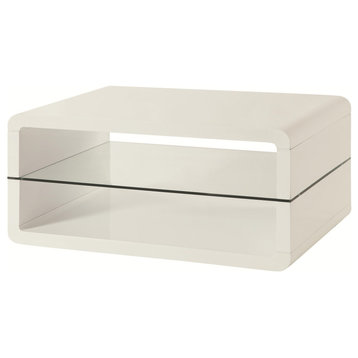 Modern Coffee Table With Rounded Corners & Clear Tempered Glass Shelf, White