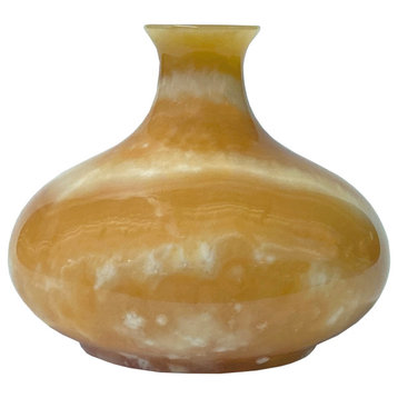Natural Yellow Brown Stone Carved Fat Round Shape Display Vase Hws1818