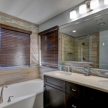 Contemporary Bathroom Tying Together Woods and Neutrals