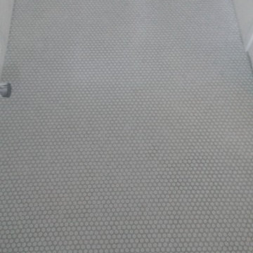 BATHROOM - Calcutta Gold Marble Shower / Gray Penny Tile Floor