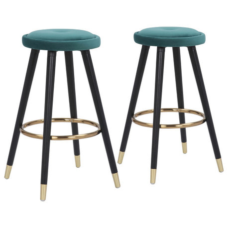 Cavalier Counter Stools, Set of 2, Black Wood, Gold Metal, Green Velvet