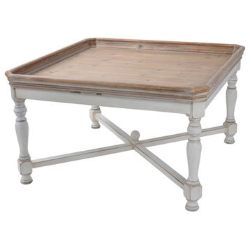 Benzara BM285220 33" Coffee Table, Tray Top, Rustic Fir Wood, Antique White