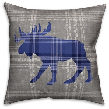 Gray and Blue Glen Plaid Moose 16"x16" Outdoor Throw Pillow