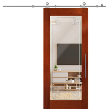 Solid Tropical Oak Sliding Barn Door With Mirror Insert, 28"X81" Inches, 28"x81"