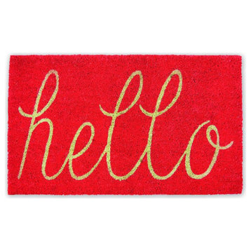DII 30x18" Modern Coir Fabric Hello Doormat in Coral Red and Gold