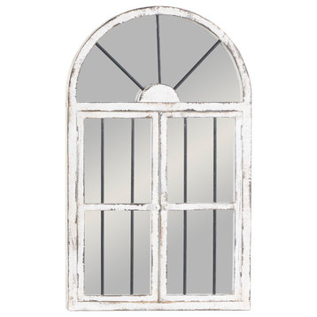 Distressed White Wood Arched Window Wall Mirror, 25" x 42"