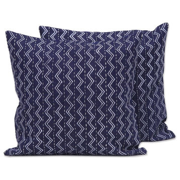 Novica Navy Waves Embroidered Denim Cushion Covers, Set of 2