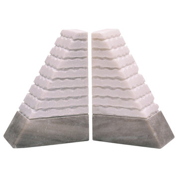 2-Piece Set Marble 6"H Pyramid Bookends, White/Onyx