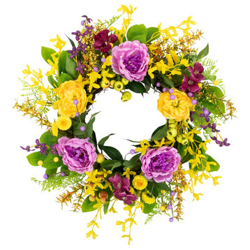 Peonies and Forsythia Spring Wreath 24" Yellow and Purple