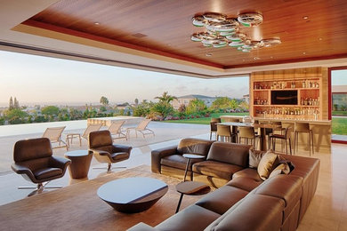 Inspiration for a large contemporary backyard stone patio kitchen remodel in San Diego with a roof extension