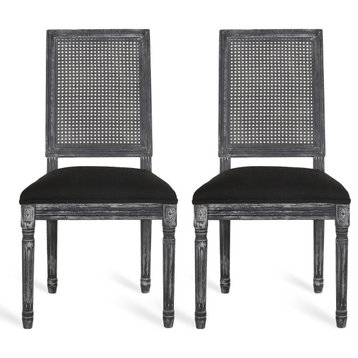 Brownell French Country Wood and Cane Upholstered Dining Chair, Set of 2, Black/Gray