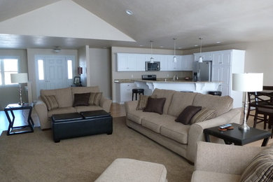 Inspiration for a mid-sized transitional formal and open concept carpeted and beige floor living room remodel in Other with white walls, no fireplace and no tv