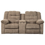 Ashley Furniture - Signature Design by Ashley Workhorse Reclining Loveseat with Console in Cocoa - Saddle up for affordably priced luxury with the Workhorse reclining loveseat. Stylish elements of this contemporary reclining loveseat with console include biscuit back cushioning and incredibly thick and sumptuous pillow top armrests. Ultra neutral and wonderfully plush, the warm taupe upholstery is sure to complement an endless array of color schemes. Cushioned storage console and two cup holders add comfort and convenience.