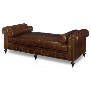 Chesterfield Daybed  Chaise Longue  Couch  Brown Leather  Wood