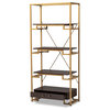 Jorie Contemporary Gold-Tone Steel and Brown Wood 3-Shelf Bookcase With Drawer