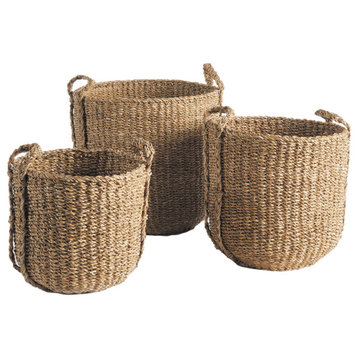 Set of 3 Contemporary Casual Natural Sea Grass Round Tote Baskets Handles Large