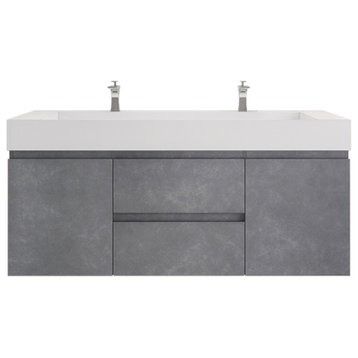 Monterey 60" Double Sink Wall Mounted Vanity with Reinforced Acrylic Sinks, Cement Gray
