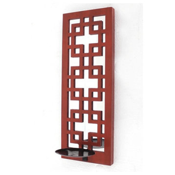 17" X 5" X 6" Red, Vintage Wood, Lattice Mirror - Candle Holder Sconce