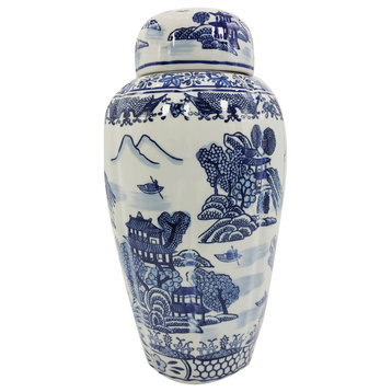 16" Blue and White Chinoiserie Ceramic Jar