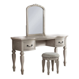 Benzara BM268889 3 Piece Vanity Set With Carved Mirror and Turned Legs ...