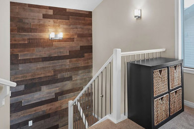 Example of a mid-sized transitional carpeted l-shaped wood railing staircase design in Orange County with carpeted risers