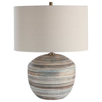 Elegant Earth Tones Sphere Ceramic Table Lamp Striped Sand Blue Brown Round