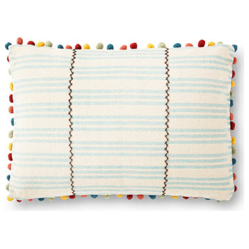 Whimsical Offset Stripe Zig Zag Stitched Pom-Pom Lumbar Pillow