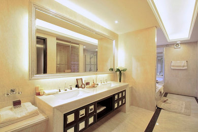 Alcove bathtub - large transitional master marble floor and gray floor alcove bathtub idea in San Diego with dark wood cabinets and an undermount sink