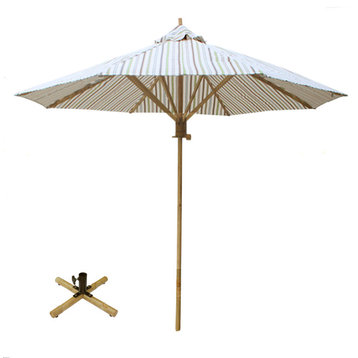 7 Foot Bamboo Umbrella With Pottery Polyester Canvas, White Stripe