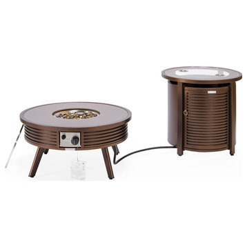 LeisureMod Walbrooke Round Fire Pit Table and Tank Holder With Slats, Brown