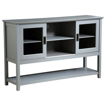 Transitional Sideboard, Open Shelf and 2 Sliding Doors With Glass Insert, Gray
