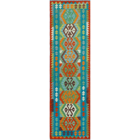 Flatweave Minnie Turquoise/Red Runner, 2'8x9'8