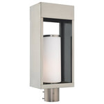 Livex Lighting - Livex Lighting Brushed Nickel 1-Light Outdoor Post Top Lantern - The box-like solid brass body of this outdoor post top lantern has a thick frame that houses a satin opal white cylinder glass shade. The brushed nickel finish give the thick, sturdy frame construction a contemporary look with distinct style.
